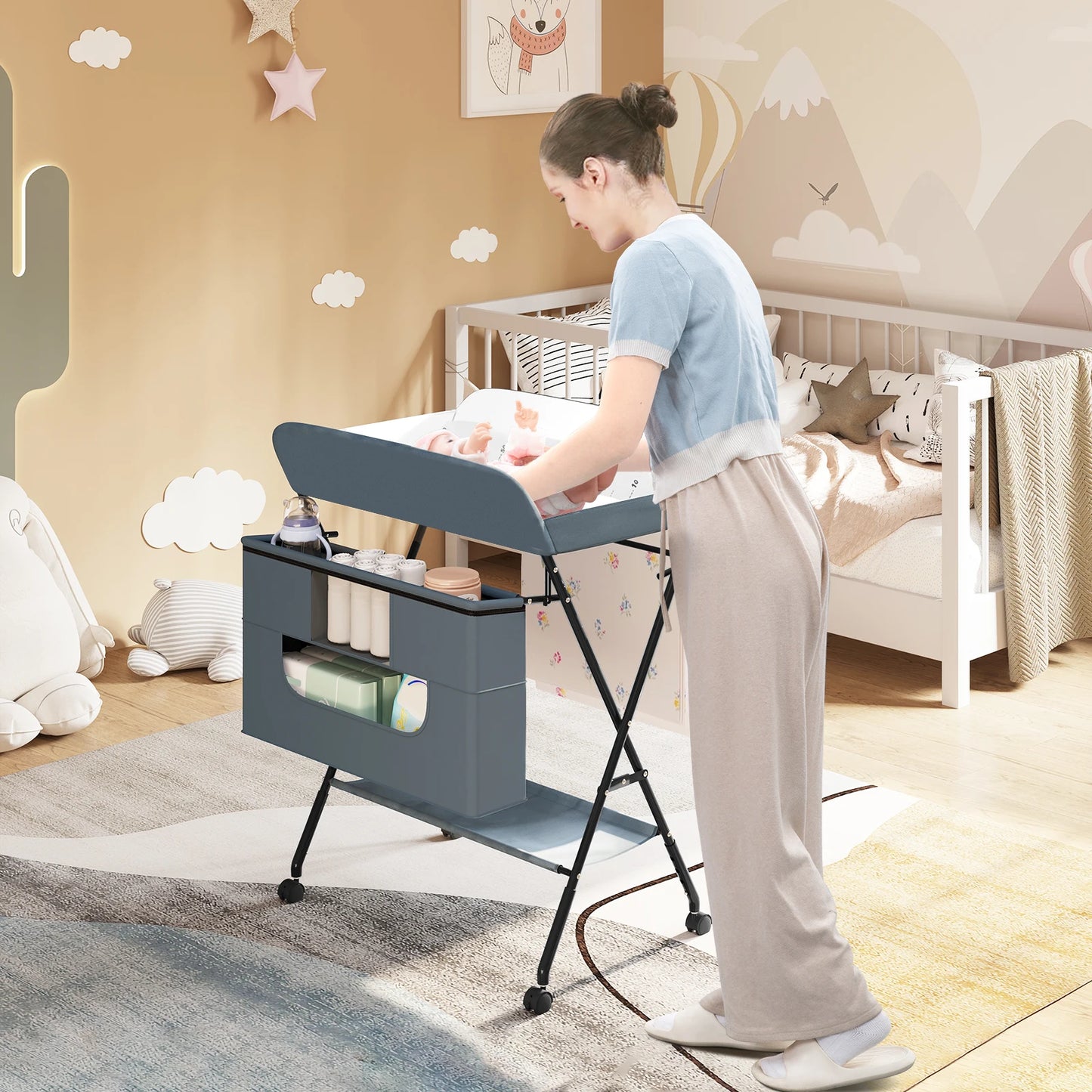 Baby-Wickeltisch 2025 - WOLTU Höhenverstellbar Klappbar - Rollen Aufbewahrung Metall Kinder-Möbel