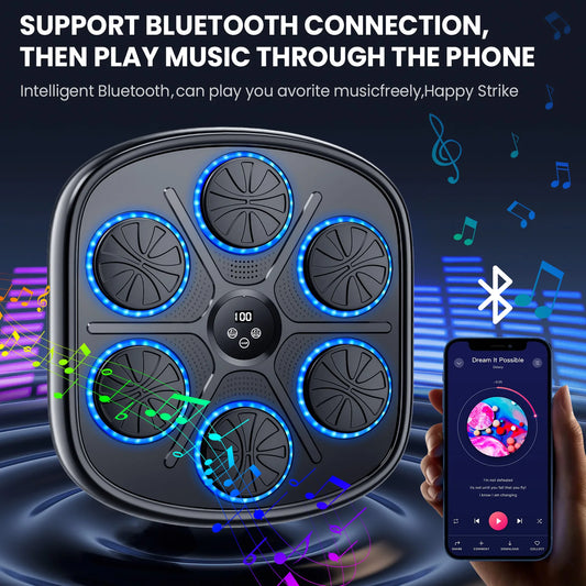 Smart Music Boxenmaschine mit RGB-Rhythmus-Lichtern & Bluetooth - Wandmontiertes Punch-Target, Erwachsene/Kinder-Handschuhe inklusive für Home-Gym