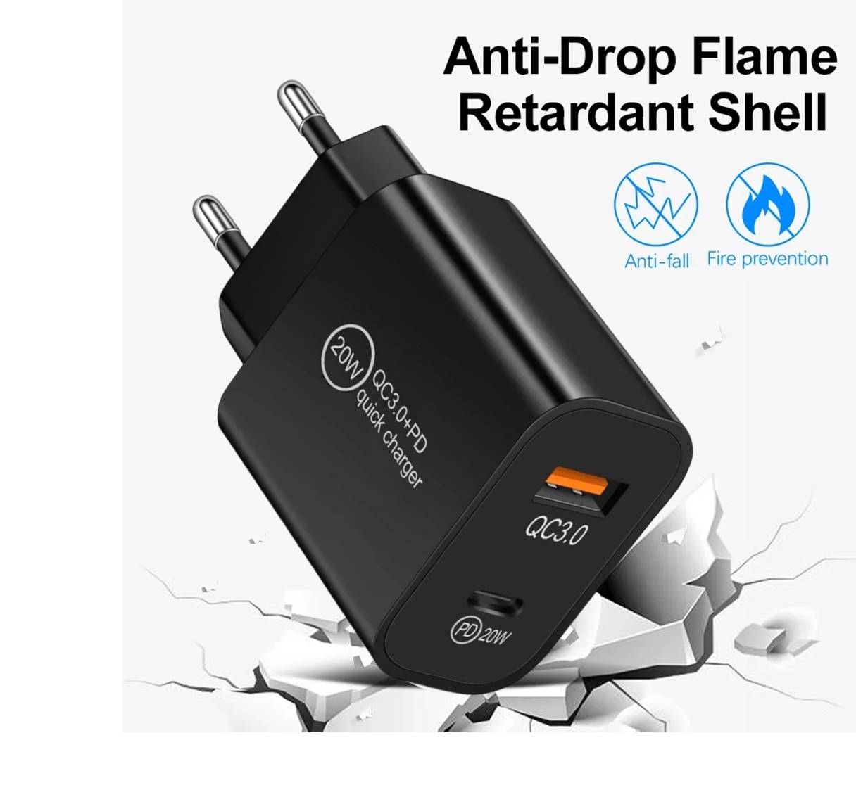 Încărcător rapid cu două porturi de 20 W, USB-C și USB-A, cu adaptor de încărcare PD și QC de 3 A