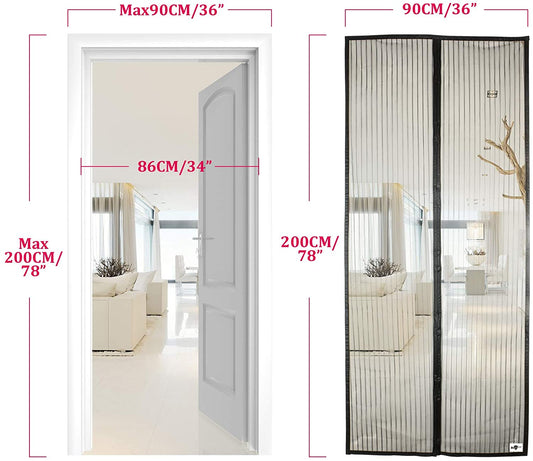 Plasă magnetică pentru uși anti-muște DREIKS - Magneți 36 bucăți, sistem de fixare cu cârlig și buclă inclus, poliester negru