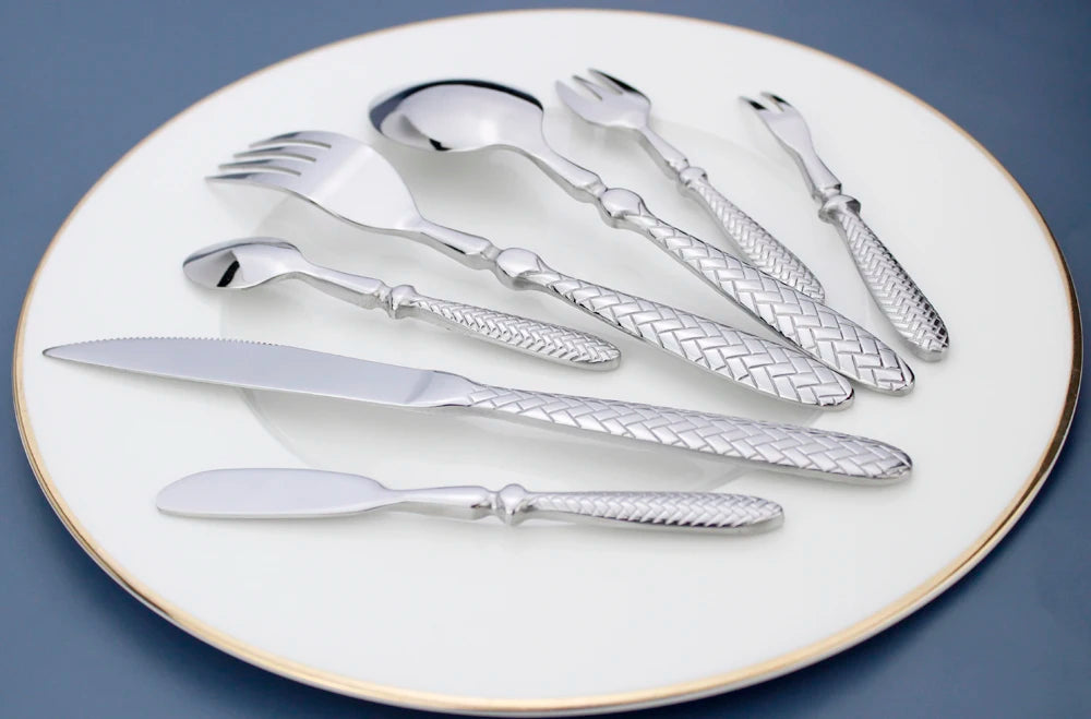 LUCF Royal Luxury 2025 - Gewebtes Muster Griff Spiegel Edelstahl Geschirr - Elegantes Besteck Delikates Tafelgeschirr Küche Hotel