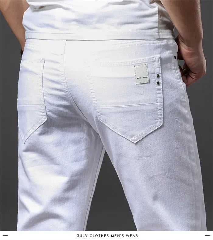 Men White Jeans Fashion Casual Classic Style Slim Fit Soft Trousers Male Brand Advanced Stretch Pants - Golden Bridge Store