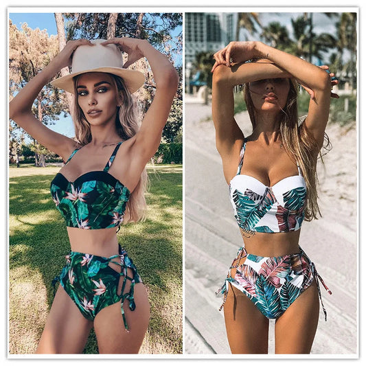 High Waist Schwimmbekleidung 2025 Neuer Blatt Druck Bikinis Frauen Schwimmanzug Vintage Retro Badeanzug Halter Biquini Maillot de bain femme