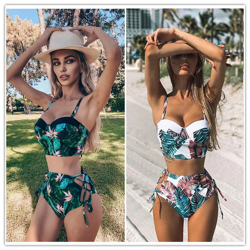 High Waist Schwimmbekleidung 2025 Neuer Blatt Druck Bikinis Frauen Schwimmanzug Vintage Retro Badeanzug Halter Biquini Maillot de bain femme