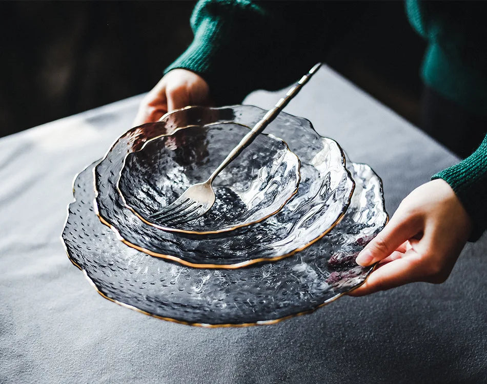 Glass Plate Irregular Dinner Plates Gold Glass Dishes Creative Salad Bowl Transparent Plate Glass Bowl and Dish Set Dessertplate