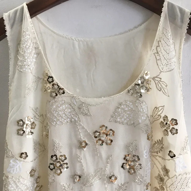 Women Floral Beaded Loose Vest Sleeveless Shirt Summer U-Neck Flowers Embroidered Sequined Chiffon Blouses Shiny Gauze Tank Tops