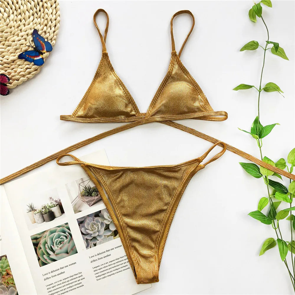 Ausgehöhlter Roter Elegant Bikini Set 2025: Vigorashely String Verbesserte Unterstützung Wire-Free - Tanga Brazilian Triangle Halter Patchwork