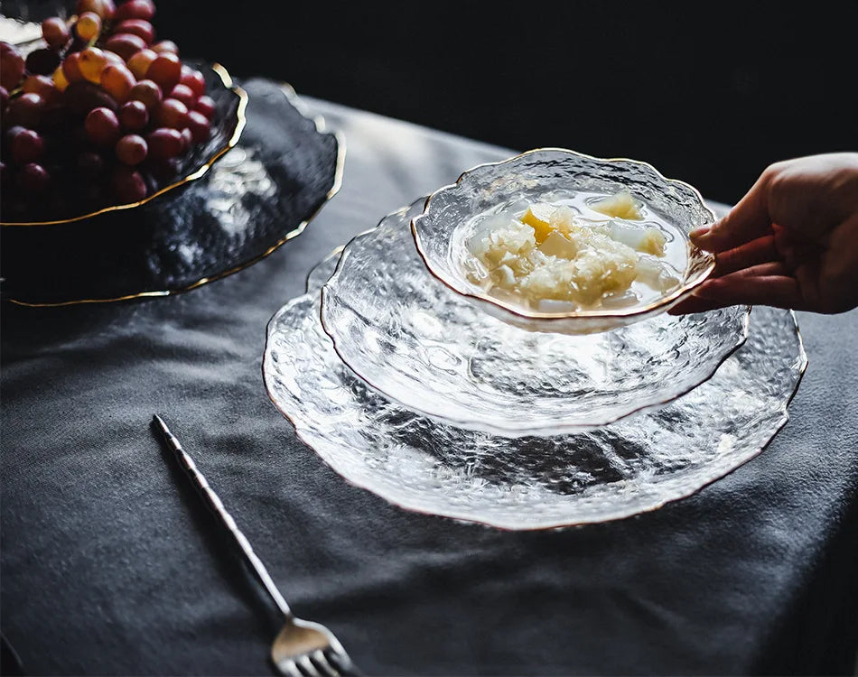 Glass Plate Irregular Dinner Plates Gold Glass Dishes Creative Salad Bowl Transparent Plate Glass Bowl and Dish Set Dessertplate
