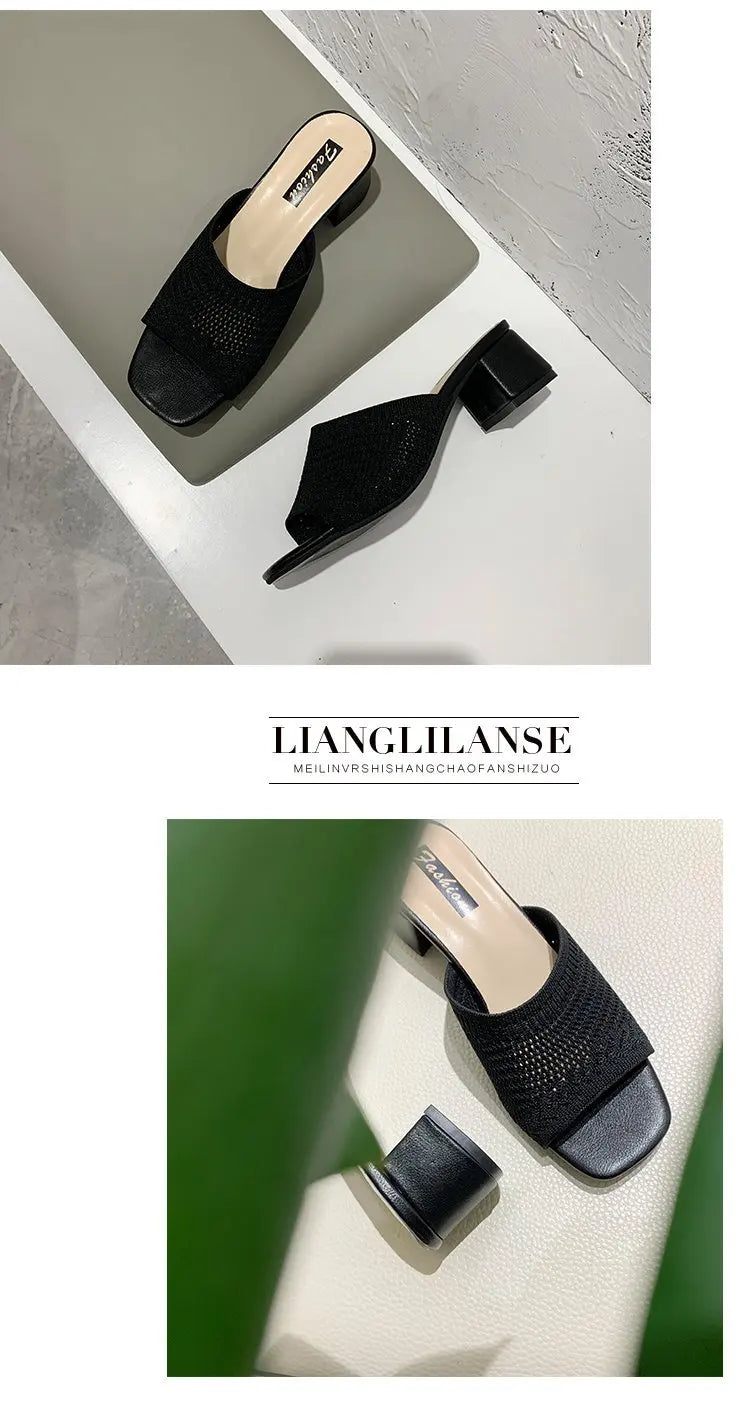 Women Slippers 2022 Summer Closed Toe Comfort Slippers Women Fashion Fly Weave Outdoor Sandals Women Medium Heel Slippers