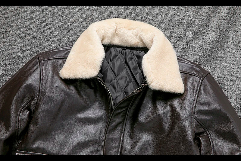 Air Force Flight Jacket Fur Collar Genuine Top Layer Cow Leather Jacket Men Black Brown Cow Coat Men's Winter Jacket