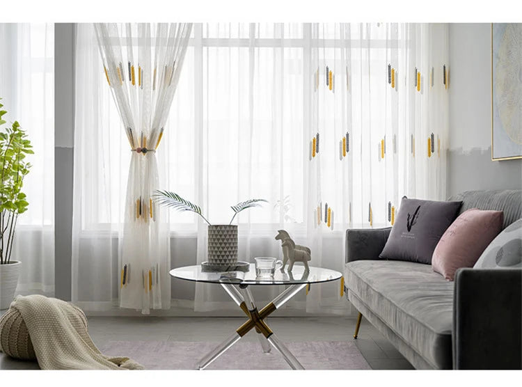 Embroidered Sheer Curtains Modern Gauze Curtain Yellow Living Room Blue Bedroom White Yarn Window Tulle Curtains