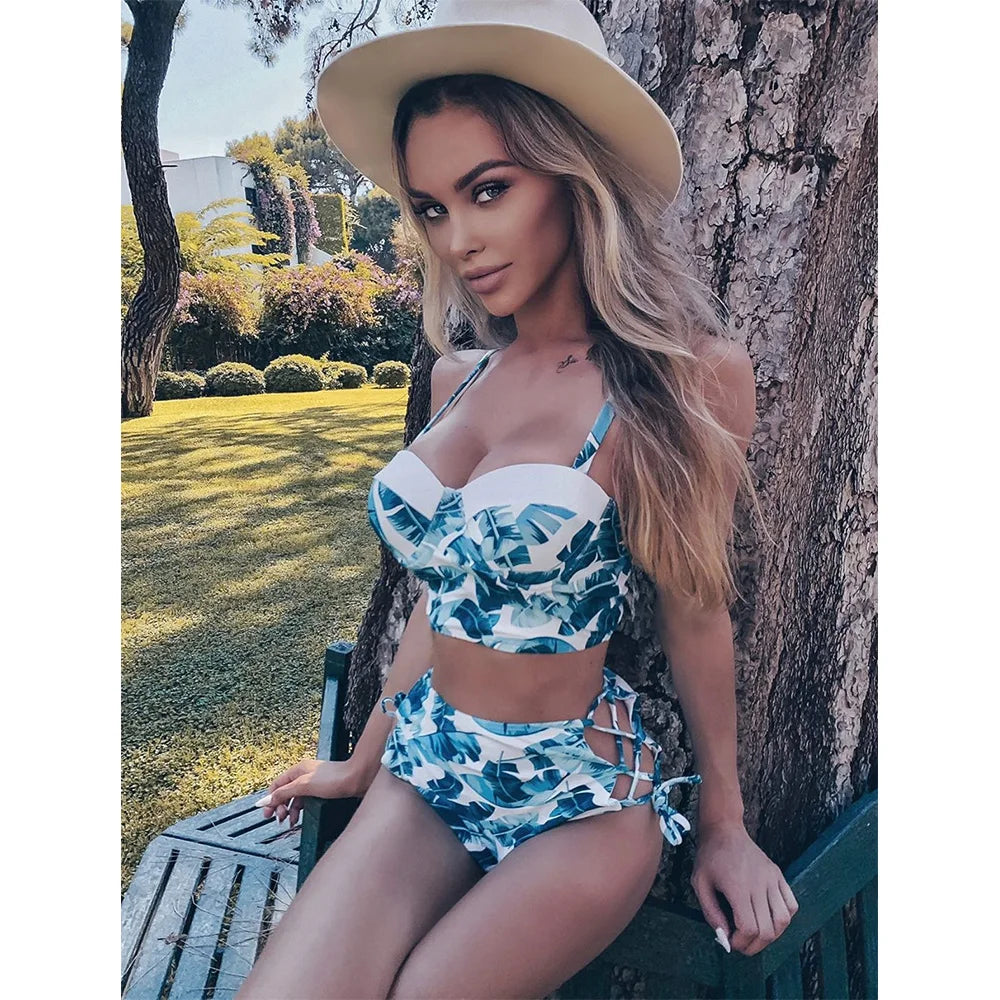 High Waist Schwimmbekleidung 2025 Neuer Blatt Druck Bikinis Frauen Schwimmanzug Vintage Retro Badeanzug Halter Biquini Maillot de bain femme