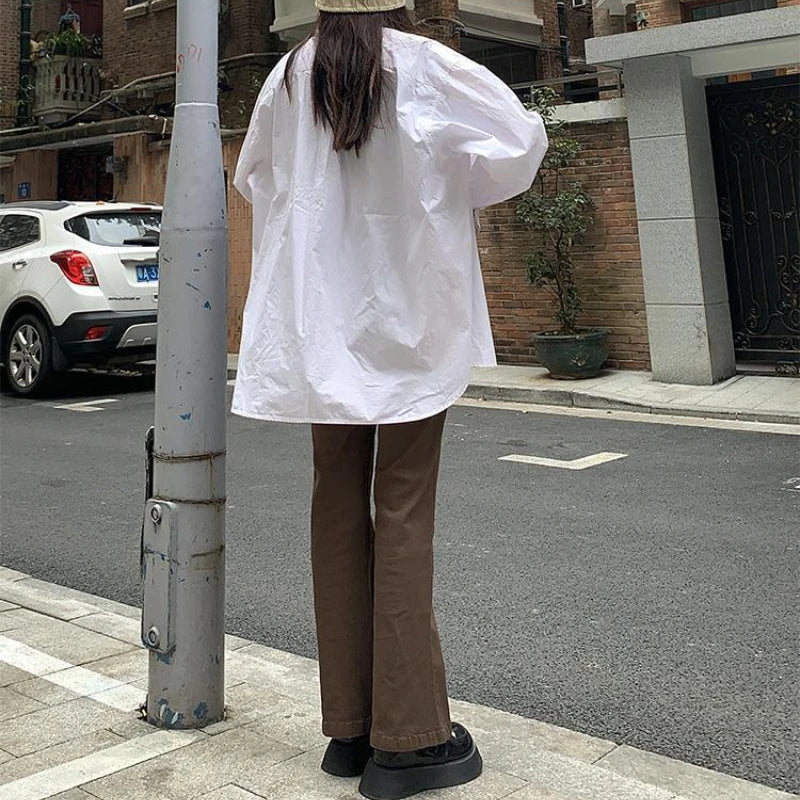 Blugi pentru femei 2025 - Denim maro, stil coreean, stil bootcut, asortat, stil stradal