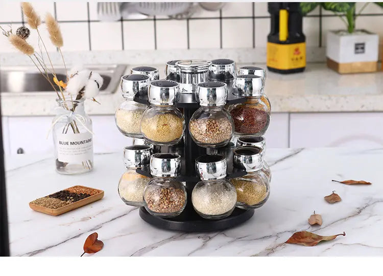 Rotating16Pcs Condiment Set Spice Jar StorageBox HomeKitchen Cruet Condiment Bottle Coffee Sugar Seal Jar Container Rack