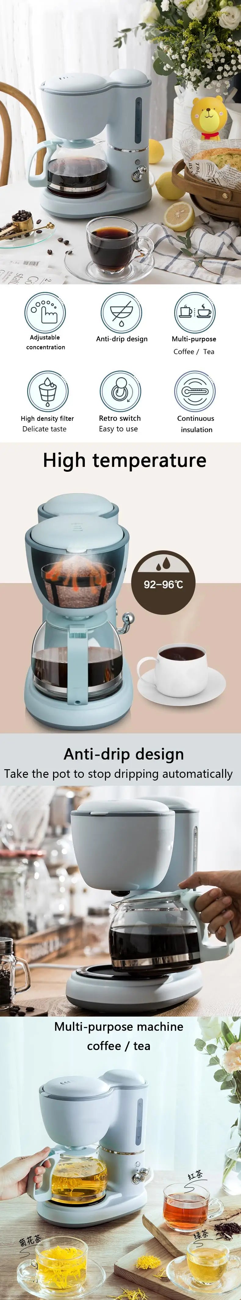 Fully Automatic Drip Coffee Maker Drip filter 600ml American coffee machine Tea Boiler Espresso Maker for home office 220V