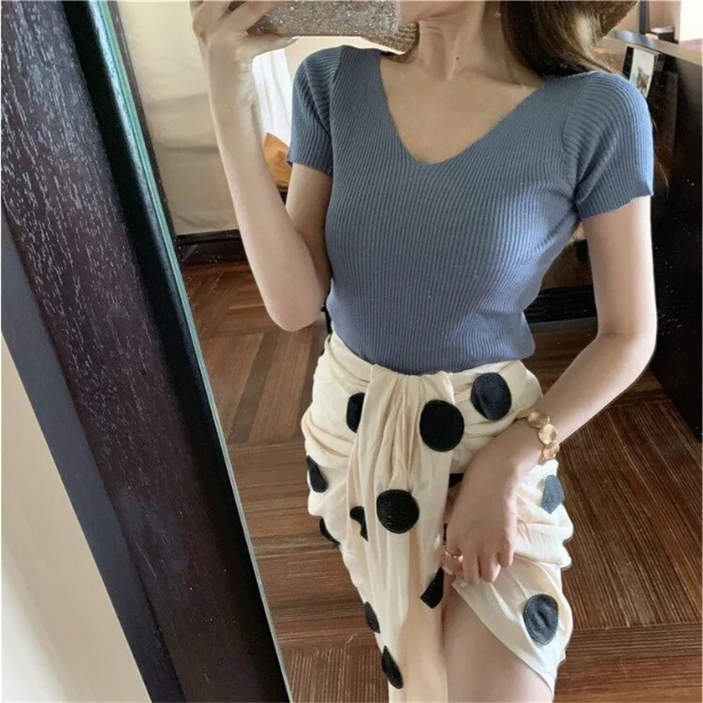 elegant Women T Shirt Ribbed Knitted V-neck Short Sleeve Ladies Solid Top Tee Fitness Korean Clothes T Shirt Women Camiseta Mujer