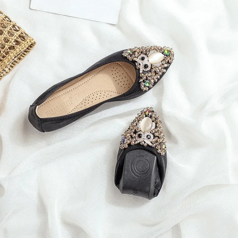 Elegant Women Shoes 2023 Spring Flats Shoes Woman Soft Comfortable Silk Rhinestone Summer Ladies Single Shoes zapatos de mujer - Golden Bridge Store