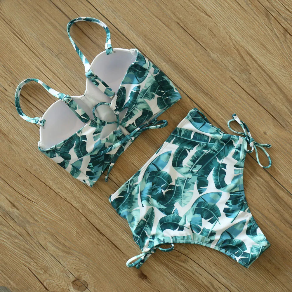 High Waist Schwimmbekleidung 2025 Neuer Blatt Druck Bikinis Frauen Schwimmanzug Vintage Retro Badeanzug Halter Biquini Maillot de bain femme