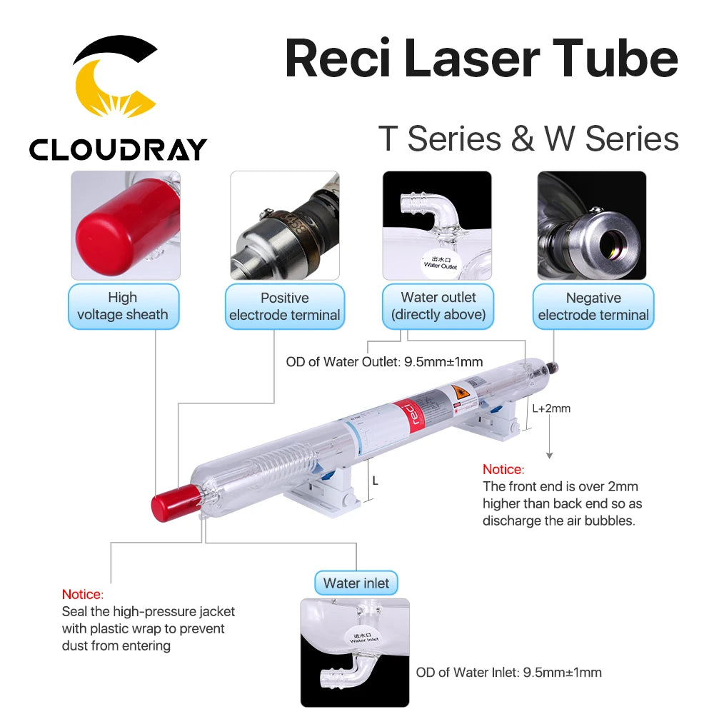 Cloudray Reci W2/T2 90W-100W Tub laser CO2 Cutie de lemn Diametru de ambalare 80mm/65mm Mașină de gravat și tăiat cu laser CO2 S2 Z2