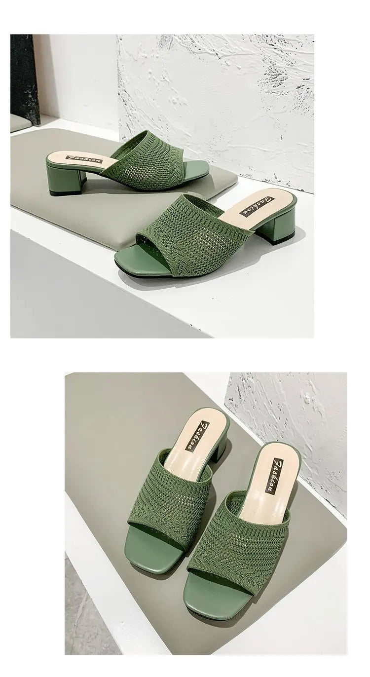 Women Slippers 2022 Summer Closed Toe Comfort Slippers Women Fashion Fly Weave Outdoor Sandals Women Medium Heel Slippers