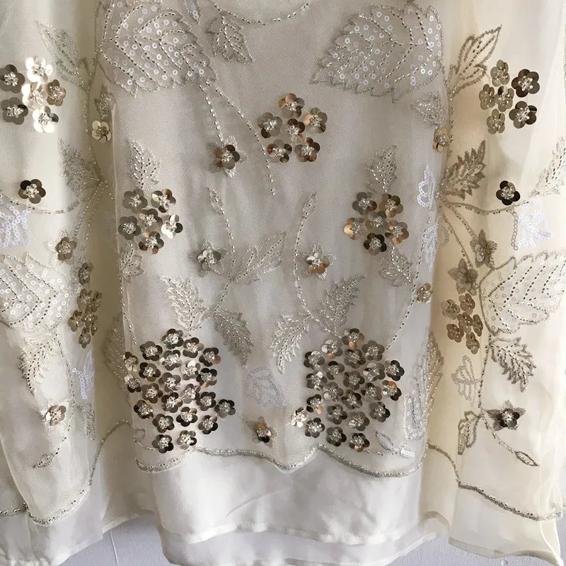 Women Floral Beaded Loose Vest Sleeveless Shirt Summer U-Neck Flowers Embroidered Sequined Chiffon Blouses Shiny Gauze Tank Tops