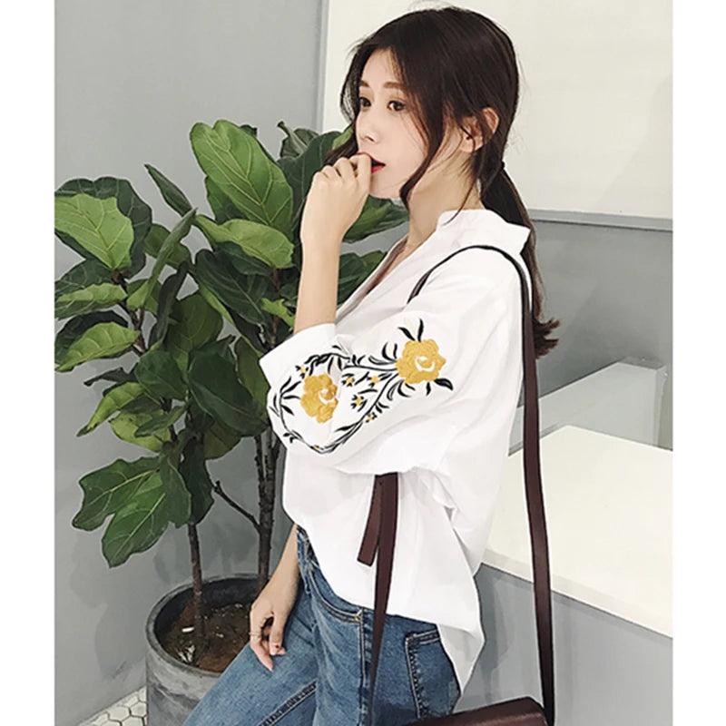 Women Embroidery Floral Casual Striped White Blouses and Shirts Female Three Quarter Sleeve Loose Tops Fashion V-Neck Blusas