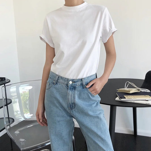 Women's Round Neck Short Sleeve T-shirt, Casual, Monochromatic, Loose, Summer