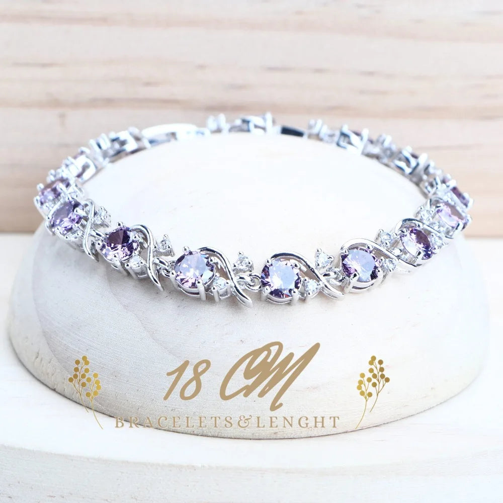 Lila Zirkonia Silber 925 Braut Schmuck Sets - Für Damen Kostüm Schmuck Armbänder - Hochzeit Ringe Ohrringe Anhänger Halskette