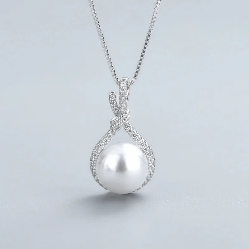 Luxury 925 Silver Jewelry Necklace Pendant Round White Pearl Zircon Gemstone Accessories for Women Wedding Engagement Wholesale