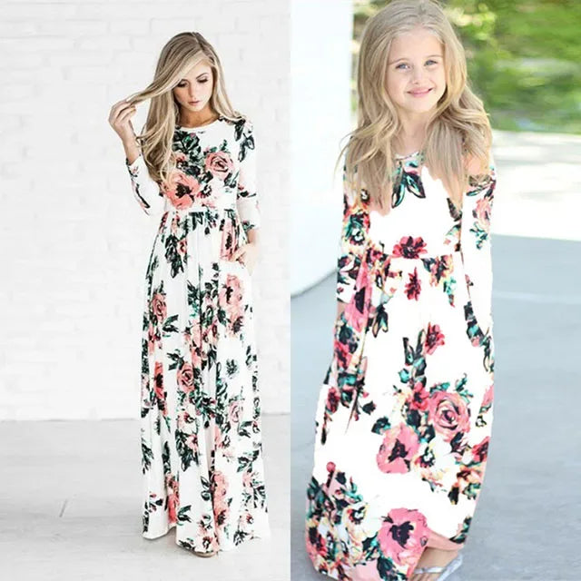 Mother daughter Dresses Floral Nine Quarter Bohemia Long Dress Casual Sundress For Mom & daughter Dress Family Matching clothes - Golden Bridge Store