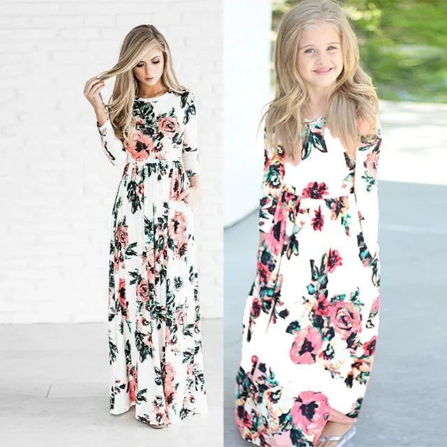 Mother daughter Dresses Floral Nine Quarter Bohemia Long Dress Casual Sundress For Mom & daughter Dress Family Matching clothes - Golden Bridge Store