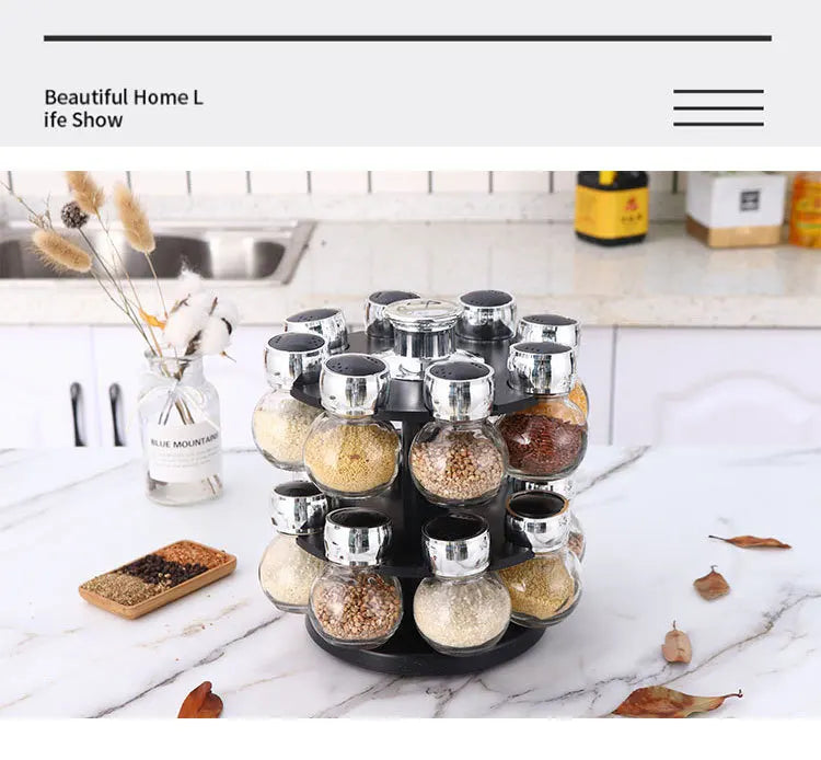 Rotating16Pcs Condiment Set Spice Jar StorageBox HomeKitchen Cruet Condiment Bottle Coffee Sugar Seal Jar Container Rack