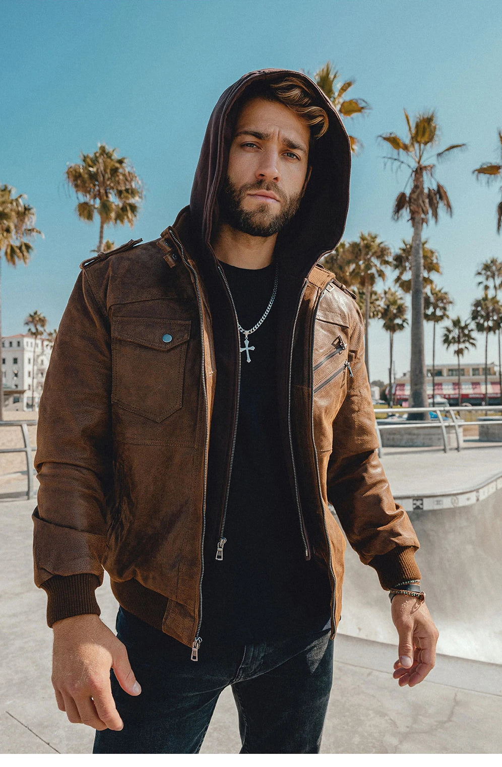 FLAVOR Herren Lederjacke Männer Motorrad Abnehmbarer Kapuz Wintermantel Männer Warme Echte Lederjacken