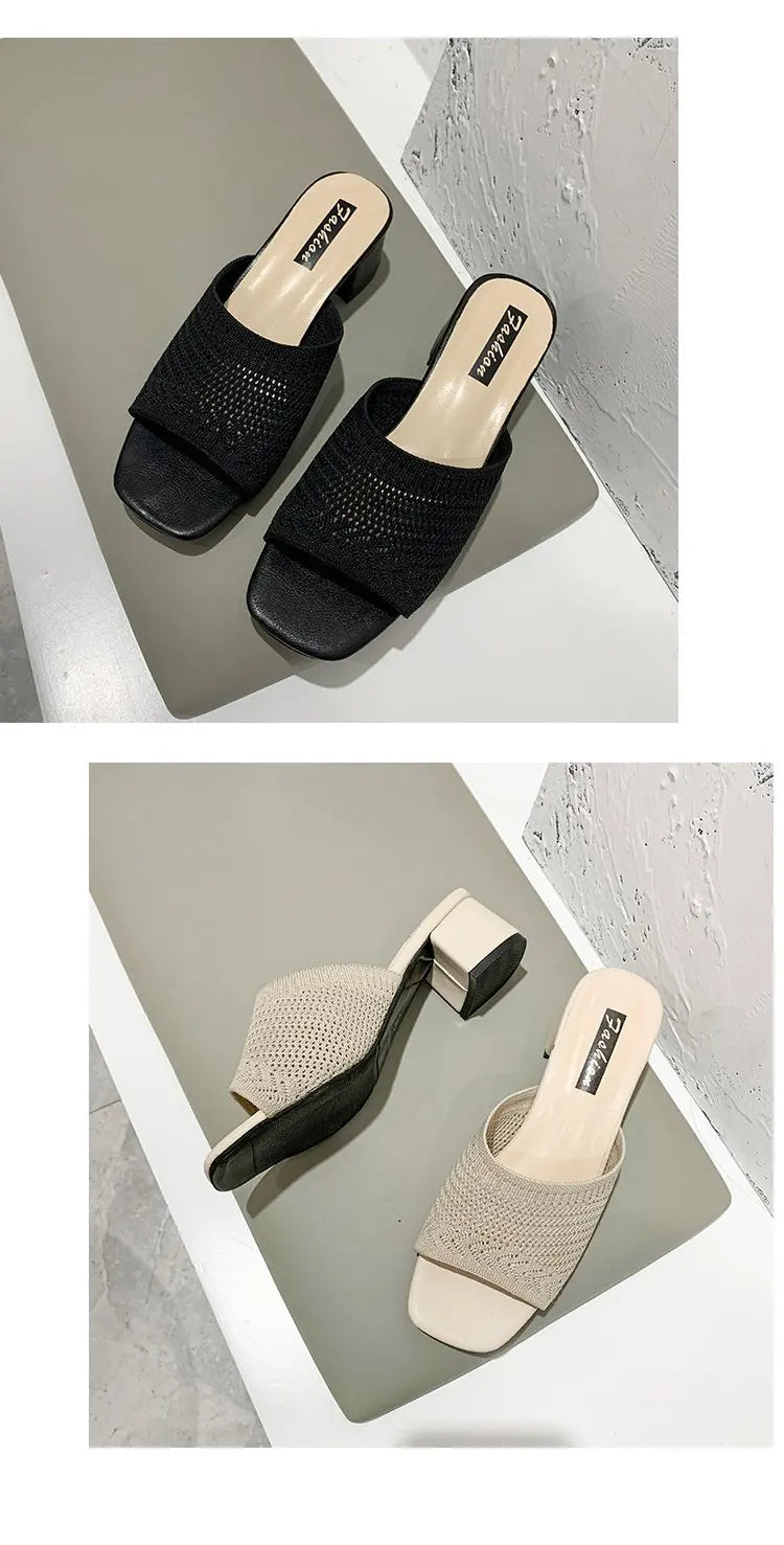 Women Slippers 2022 Summer Closed Toe Comfort Slippers Women Fashion Fly Weave Outdoor Sandals Women Medium Heel Slippers