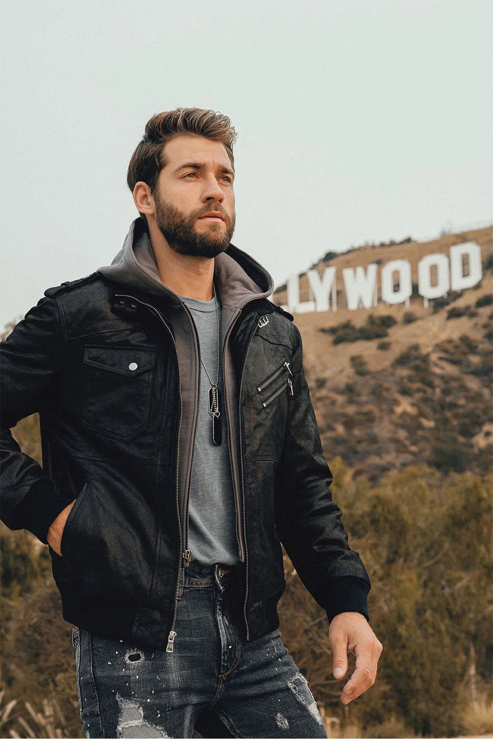 FLAVOR Herren Lederjacke Männer Motorrad Abnehmbarer Kapuz Wintermantel Männer Warme Echte Lederjacken