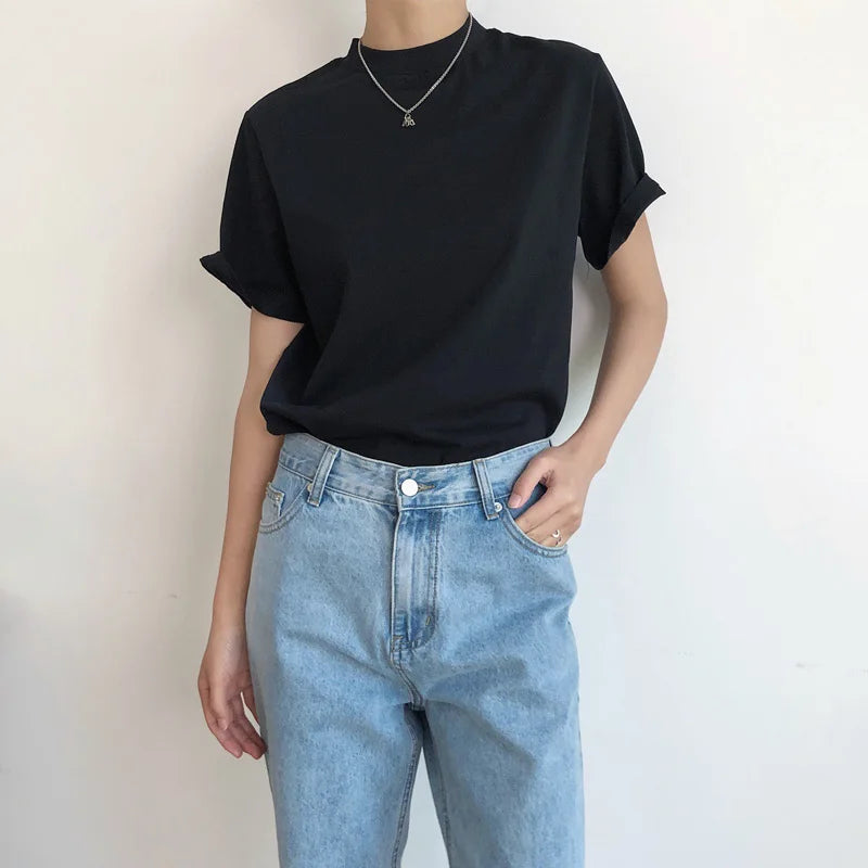 Tricou de damă cu mânecă scurtă și guler rotund, casual, monocromatic, lejer, de vară