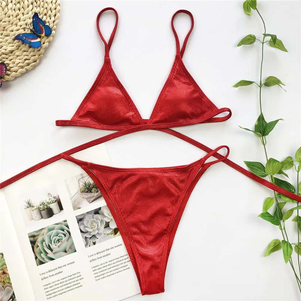 Ausgehöhlter Roter Elegant Bikini Set 2025: Vigorashely String Verbesserte Unterstützung Wire-Free - Tanga Brazilian Triangle Halter Patchwork