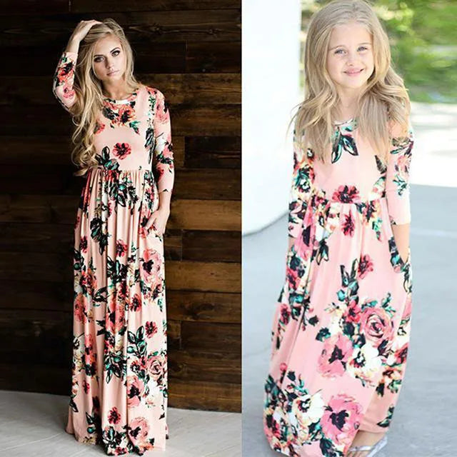 Mother daughter Dresses Floral Nine Quarter Bohemia Long Dress Casual Sundress For Mom & daughter Dress Family Matching clothes