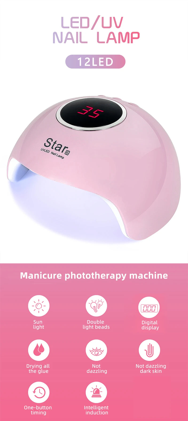 Uscător de unghii Star 6, lampă UV pentru manichiură, uscare uscată a unghiilor, lampă pentru ojă cu gel, 12 LED-uri, senzor automat, 30s, 60s, 90s, instrumente pentru unghii art