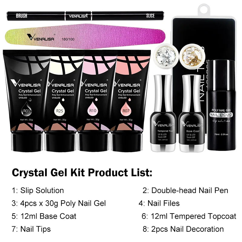 VENALISA Poly LED UV Gel Kit New Professional Nail Art UV LED 30g Manicure Nail Files Transparent Nail Tips Crystal Jelly Gel