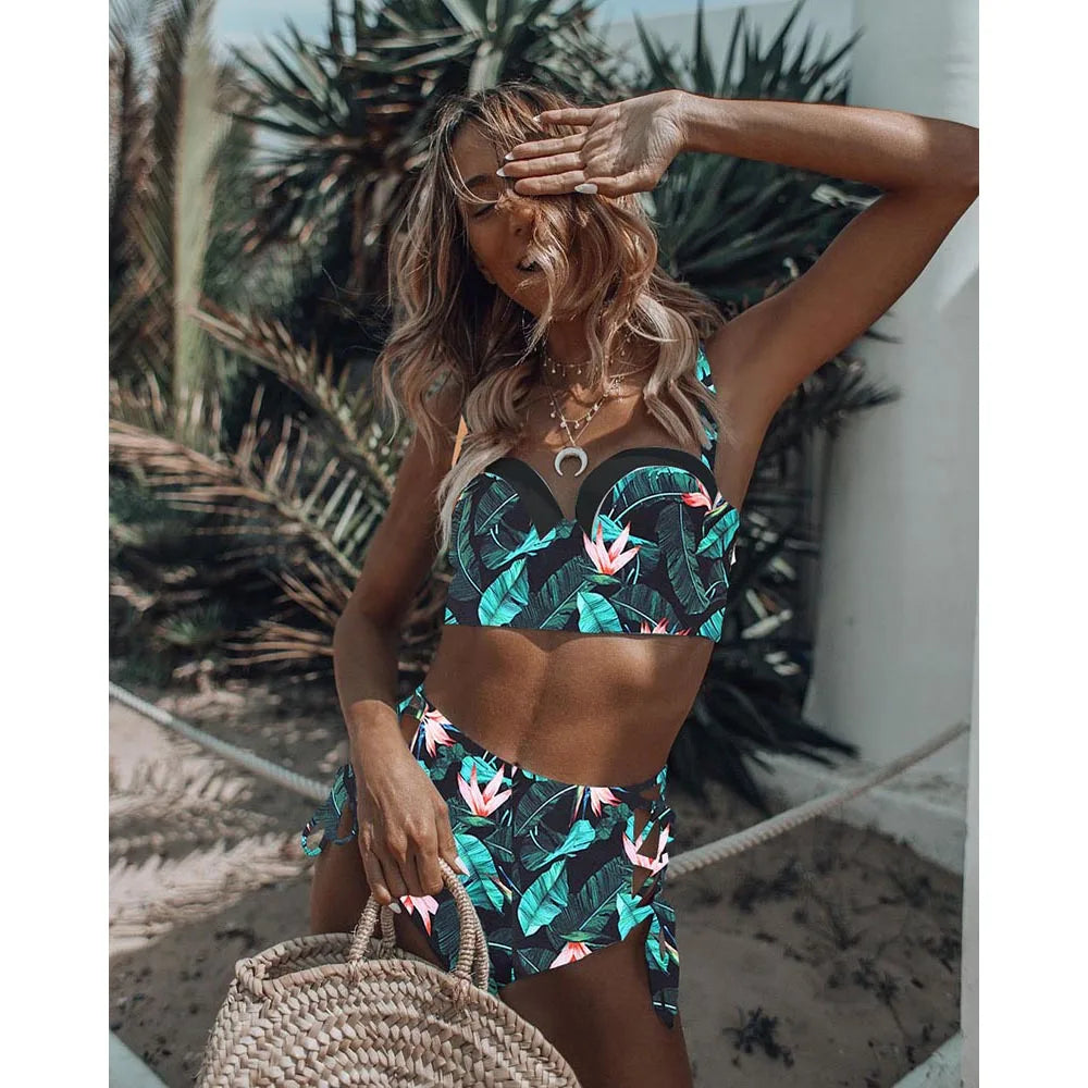 High Waist Schwimmbekleidung 2025: Underwire-Support Mori Girl Style sporlike - Neuer Blatt Druck Vintage Retro Badeanzug Halter Polsterung