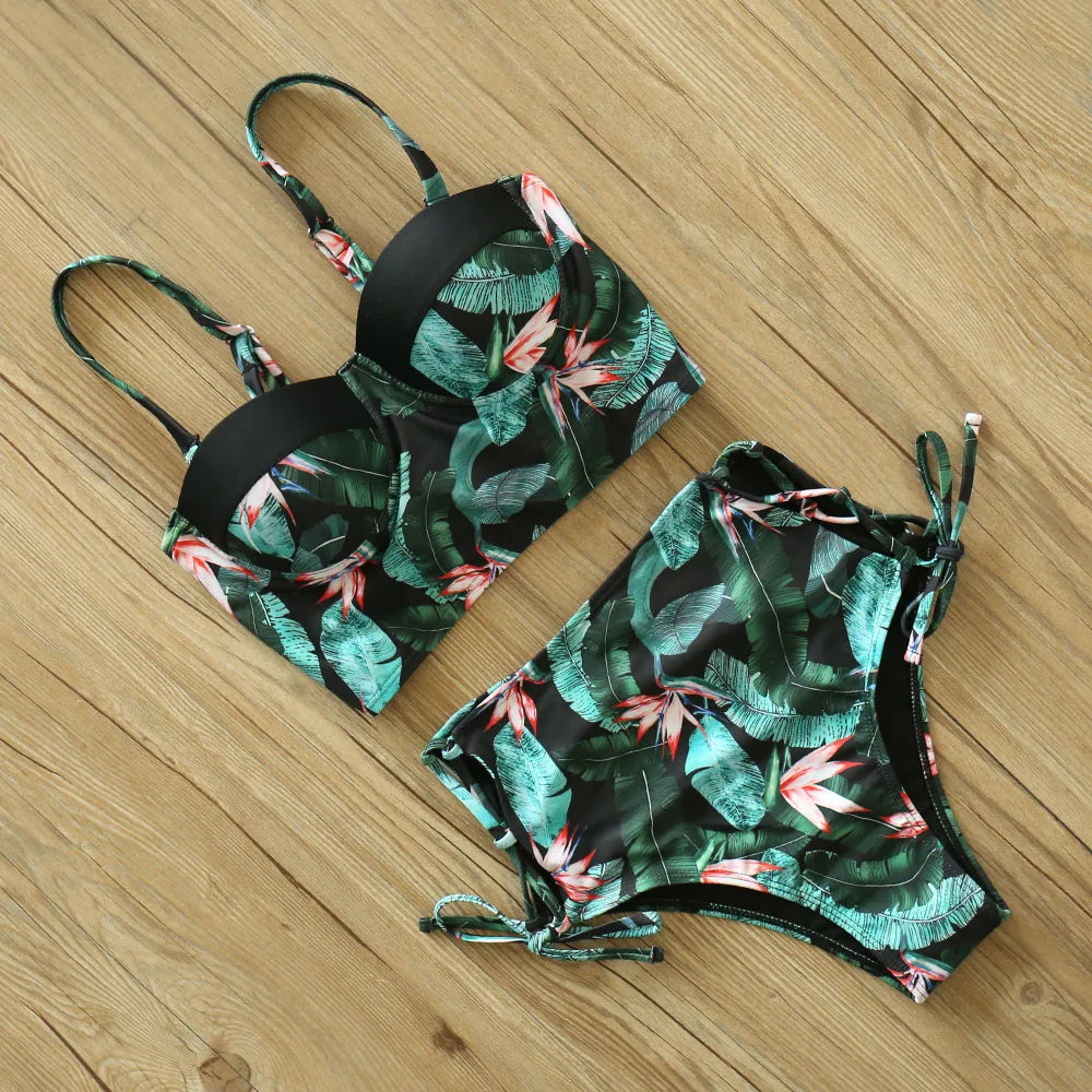 High Waist Schwimmbekleidung 2025: Underwire-Support Mori Girl Style sporlike - Neuer Blatt Druck Vintage Retro Badeanzug Halter Polsterung