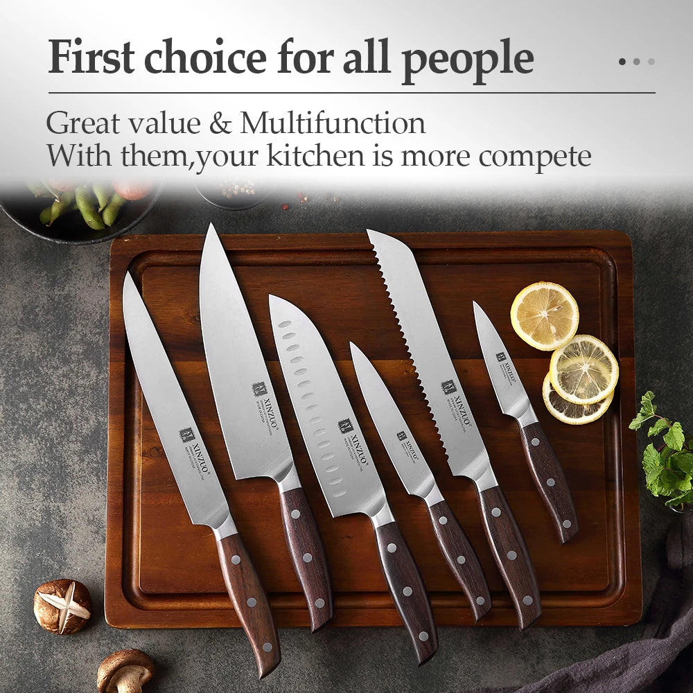 XINZUO Kitchen Tools 6 PCS Kitchen Knife Set Utility Cleaver Chef Bread Fruit Santoku Knives Stainless Steel Kitchen Knife Sets