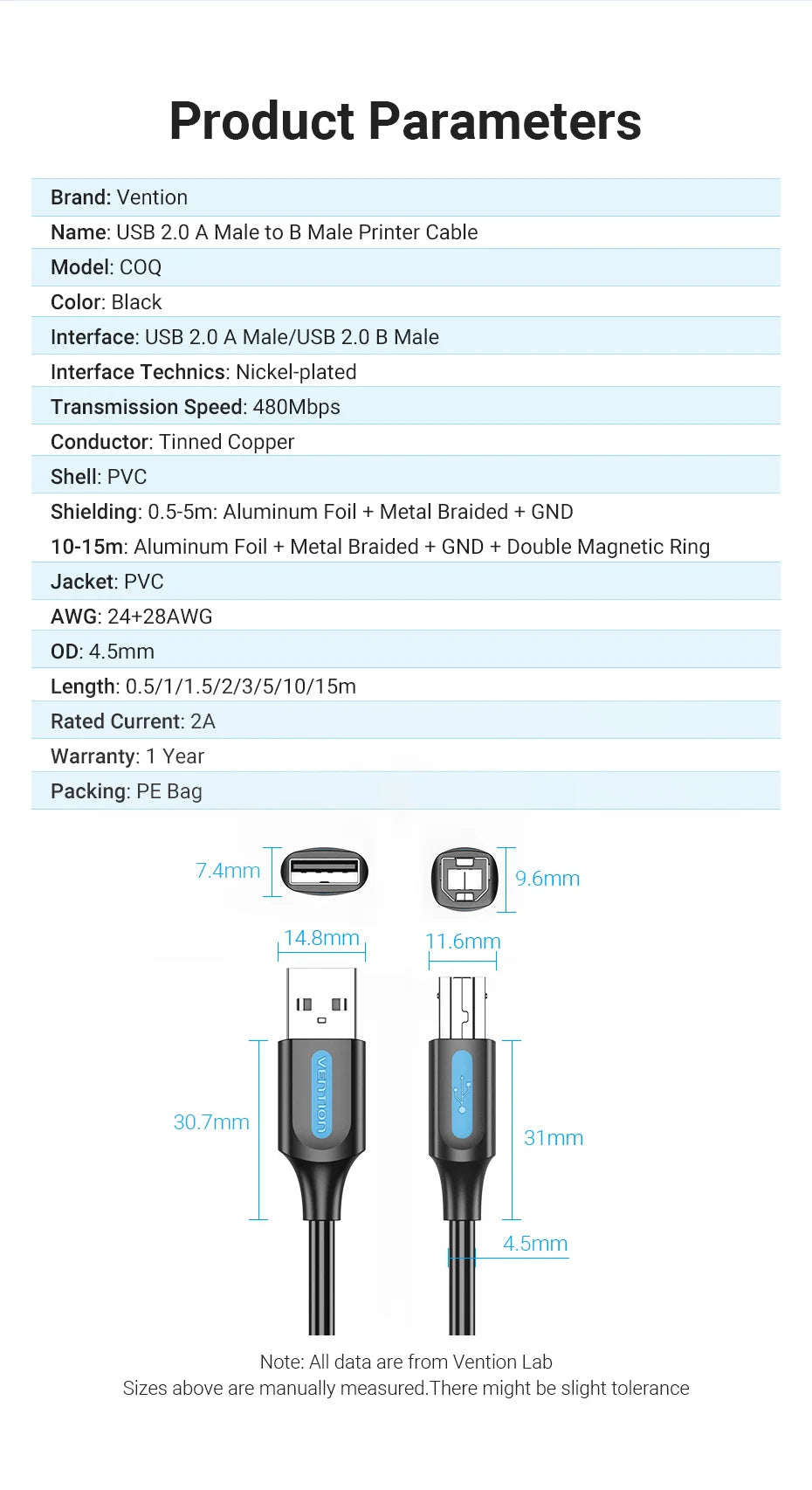 Vention USB Druckerkabel 2025 - USB Type B zu A Male - Canon Epson HP ZJiang Label Printer USB 2.0