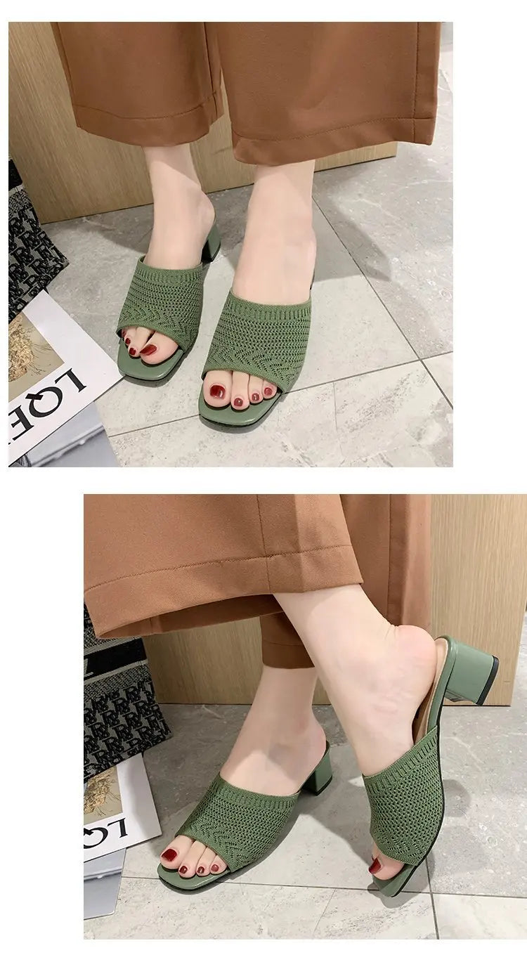 Women Slippers 2022 Summer Closed Toe Comfort Slippers Women Fashion Fly Weave Outdoor Sandals Women Medium Heel Slippers