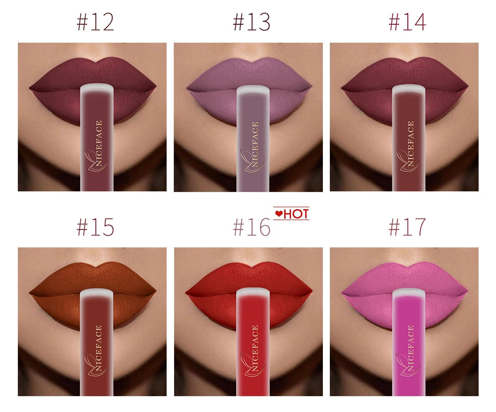 NICEFACE Matte Liquid Lipstick Waterproof Long Lasting Lip Gloss Tint elegant Red Nude Purple Metallic Lipsticks Makeup Cosmetics