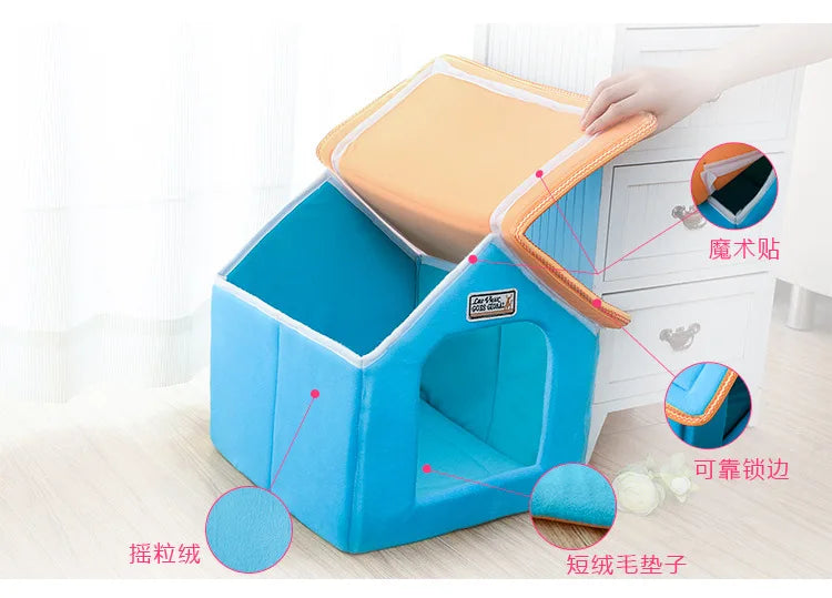 Winter Pet House Foldable Bed With Mat Soft Leopard Dog Puppy Sofa Cushion House Kennel Nest Dog Cat Bed For Small Medium Dogs