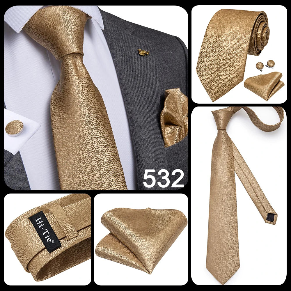 Set de cravate bărbătești din mătase Hi-Tie, model floral, cravate și batiste aurii galbene, set de butoni, costum de nuntă pentru bărbați, cravată la modă C-3053