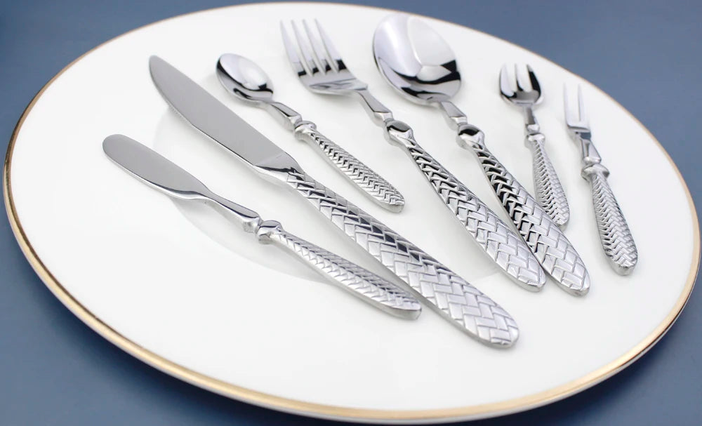 LUCF Royal Luxury 2025 - Gewebtes Muster Griff Spiegel Edelstahl Geschirr - Elegantes Besteck Delikates Tafelgeschirr Küche Hotel