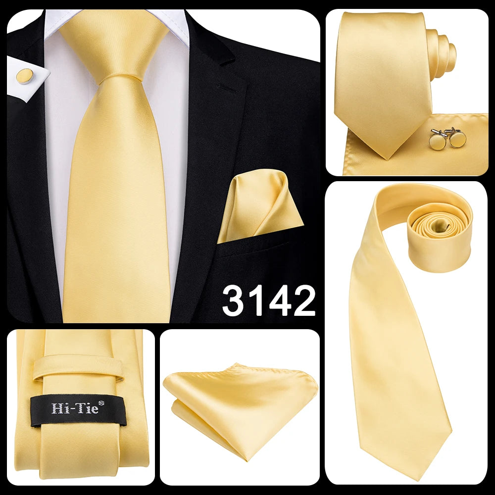 Set de cravate bărbătești din mătase Hi-Tie, model floral, cravate și batiste aurii galbene, set de butoni, costum de nuntă pentru bărbați, cravată la modă C-3053